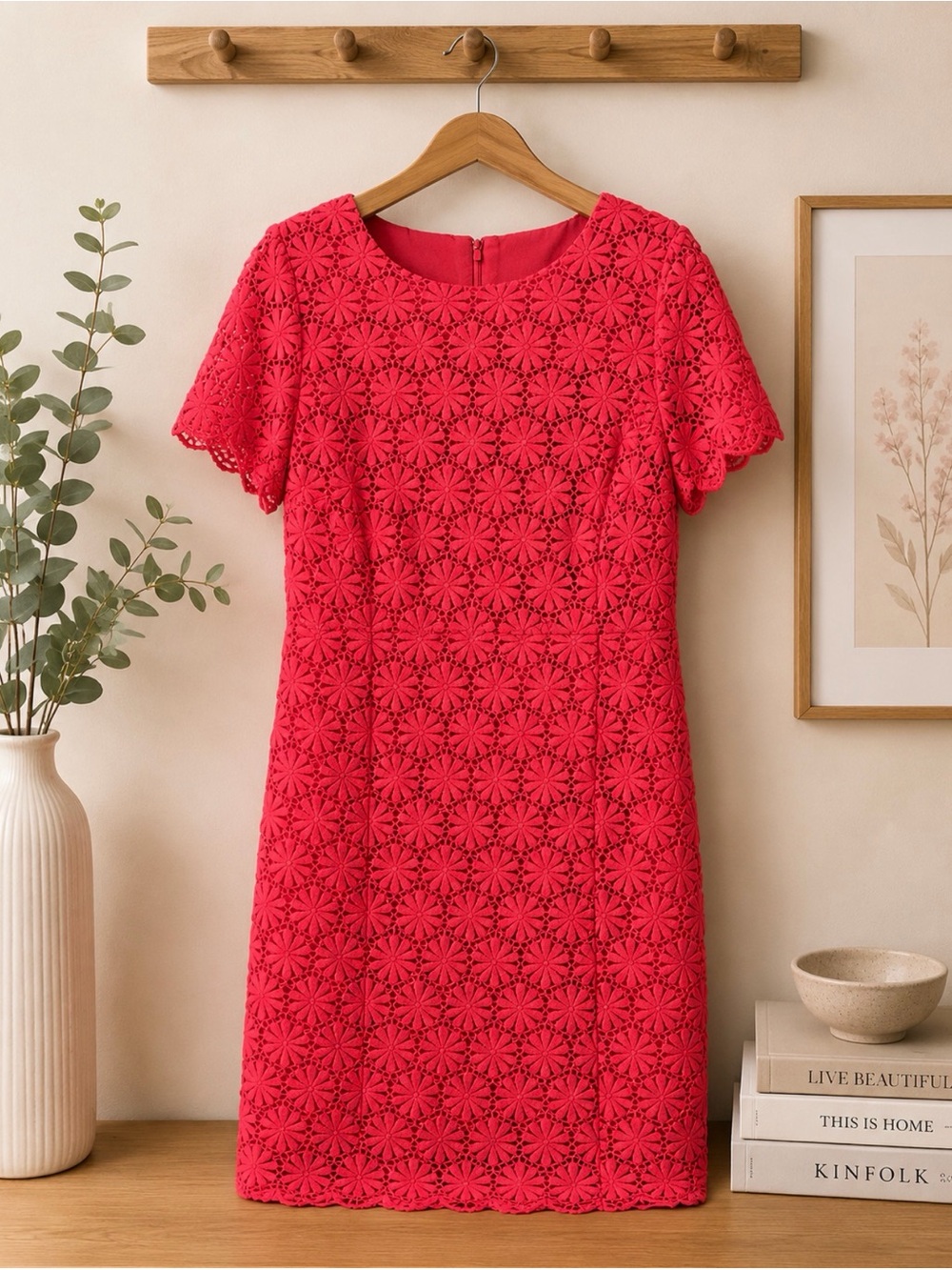 Talbots size 14P pink short sleeve floral lace sheath dress